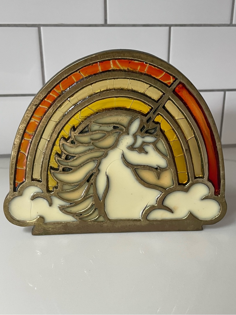 Vintage 1970s Unicorn and Rainbow Stained Glass Sun Catcher/Candle Holder